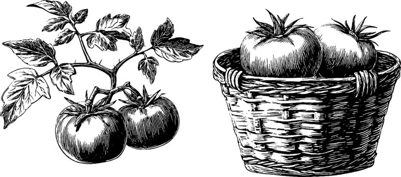 Vintage tomato vine and harvest basket - hand drawn engraving for retro design