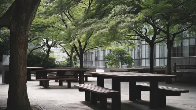 Outdoor seating area with wooden tables surrounded by greenery in an urban park