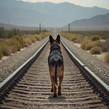 German Shepherd walks alone on railroad tracks extending to distant mountains. Vast arid landscape with scrub brush lines railway. Dog travels on deserted train path.