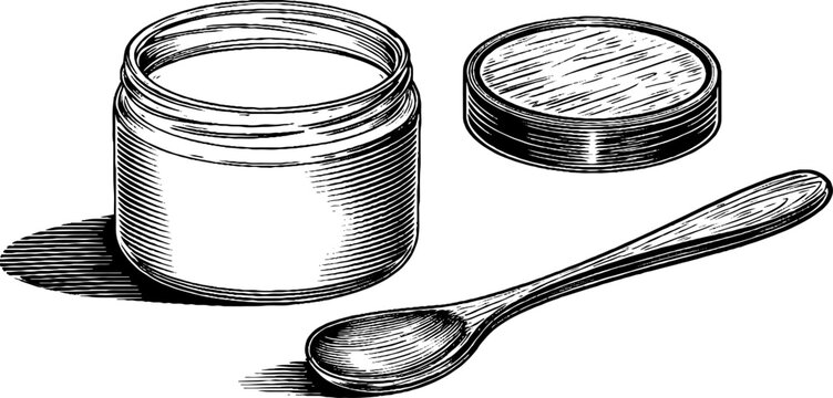Vintage engraved set of yogurt pot and wooden spoon illustration for kitchen decor