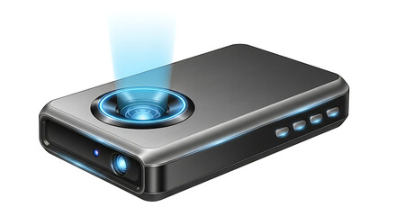Fototapeta premium Modern portable projector emitting blue light, isolated on transparent background