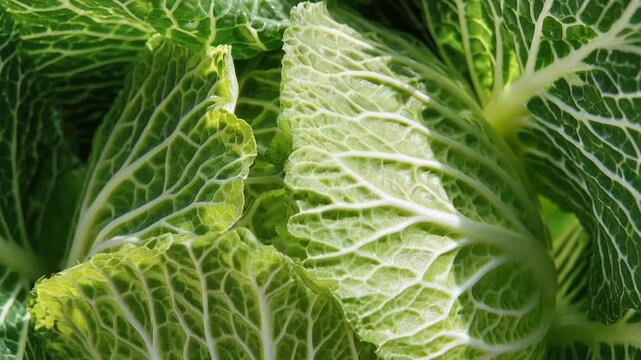 Fresh cabbage with vibrant green leaves in a close-up view showing detailed leaf patterns
