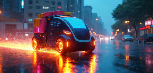 Fototapeta premium Futuristic autonomous delivery vehicle transports colorful packages through a rainy city street at night. Vehicle features glowing lights and sparks from its wheels. Modern urban logistics.