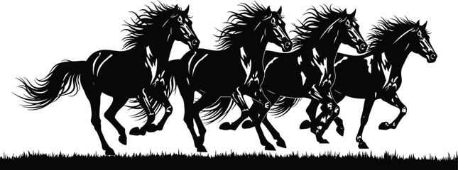 Four Wild Horses Galloping Silhouette Vector Illustration, Running Stallions with Flying Manes and Tails, Powerful Black Animal Graphic for Freedom and Speed Concept. © Lija