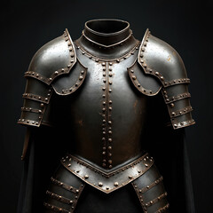 Medieval full body armor made of riveted metal plates. Historical battle protection for knight. Gothic steel chestplate, pauldron, gorget, fauld.