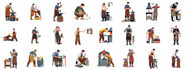 Fototapeta premium Collection of Vector Illustrations Featuring Blacksmiths and Metalworkers Engaged in Forging, Shaping Metal, and Performing Traditional Craftsmanship Tasks.