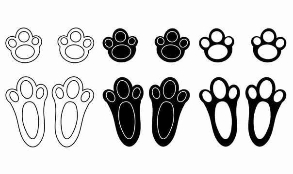 Rabbit paw prints and bunny footprints icon set,outline and silhouette, isolated icons for logo, pattern, sticker, pet branding, and wildlife design. vector illustration