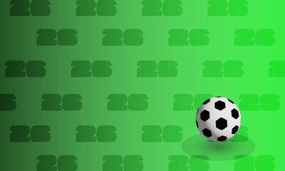 A soccer ball positioned on a green field with pixelated background pattern
