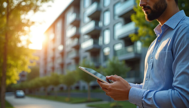 Man with tablet checks building maintenance outside modern apartment block at sunset. He uses property management app on his device. Busy pro manages real estate remotely.