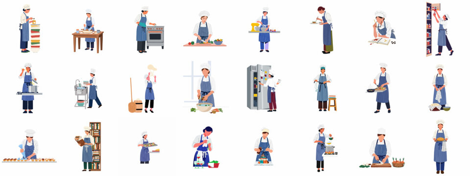 A comprehensive set of vector illustrations depicting chefs engaged in various professional cooking, baking, and kitchen preparation activities.