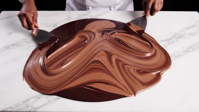 Chef spreading chocolate with swirling patterns on a white surface