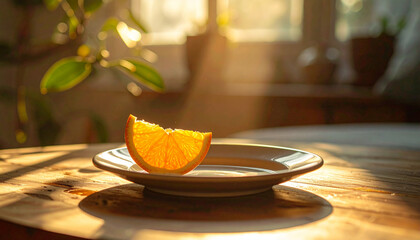 Single slice of orange on ceramic plate in morning sunlight, close up