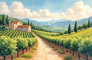 Fototapeta premium Watercolor illustration of sunlit vineyard landscape. Rolling hills with ancient stone buildings, cypress trees, grapevines under soft blue sky with clouds. Rustic path winds through verdant scenery.