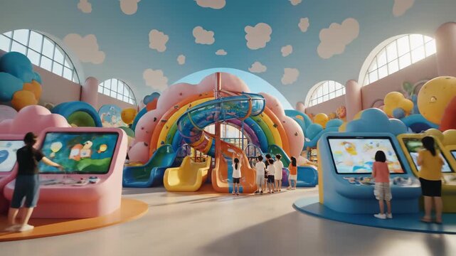 Children playing arcade games in colorful indoor playground setting