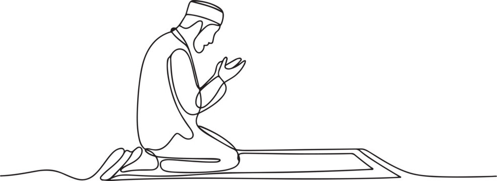 Muslim man sitting and praying one line art. Continuous line drawing of online Muslims, Islam, traditions, clothing, folk One Line Drawing Vector.