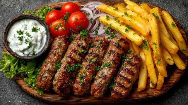 Traditional south european skinless sausages cevapcici made of ground meat and spices crispy potato fries, with thyme and watercress salad