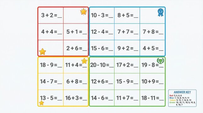 Educational math worksheet featuring addition problems with colorful borders, including answer key in the bottom right corner for student reference and practice