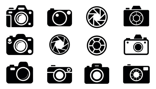 Photography and Camera Icon Set featuring a comprehensive collection of DSLR bodies, camera lenses, tripods, and lighting equipment symbols, perfect for photography portfolio websites and studio brand