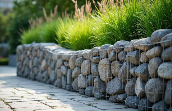 Stone gabion wall with green ornamental grass. Modern garden boundary made of wire mesh and rocks. Natural landscape design element with textured surface.