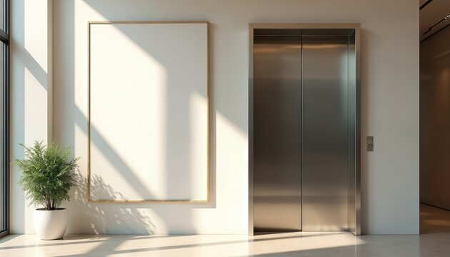 Blank framed poster hangs on wall beside modern metal elevator door. Sunlight casts long shadows on floor. Plant adds touch of green indoors.