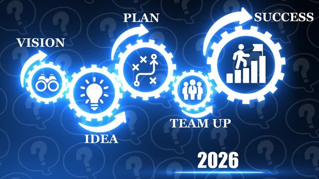 Business strategy concept with gears representing vision idea plan team up success and the year 2026 Keywords: business strategy gears vision idea plan team up success 2026 concept