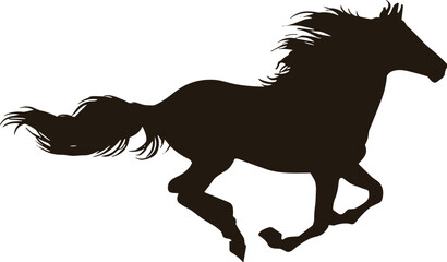 Silhouette of galloping horse with flowing mane and tail representing speed, motion, and strength for design and illustration themes ©  FIROZ CONTRIBUTOR 
