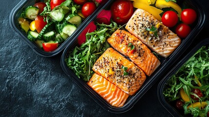 Healthy food in lunch boxes with fish and vegetables isolated on black table background.