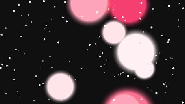 A digital artwork featuring a black background with scattered white specks resembling stars or snowflakes, overlaid with a cluster of pink and white circles in varying sizes and opacities