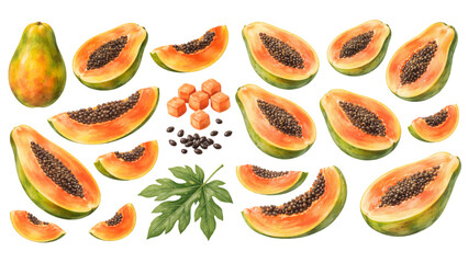 A charming watercolor collection of ripe papayas, including whole tropical fruits, halved papayas filled with glossy black seeds, and fresh green leaves with soft blended watercolor textures. © liana