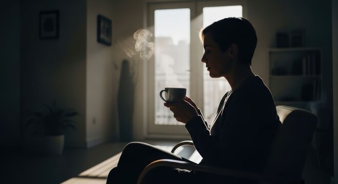 Silhouette enjoying quiet sunrise coffee at home