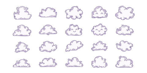 Fototapeta premium Collection of various cloud shapes illustrated in a grid pattern on a simple background