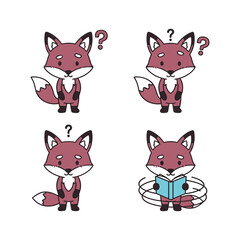 Curious cartoon fox reading a book with confused expression on white background