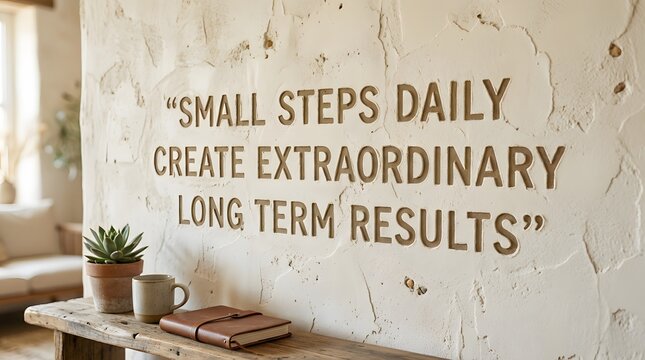 Bright and uplifting image featuring a handwritten motivational quote on a rustic textured plaster wall with a potted plant and coffee cup, ideal for success and productivity content.