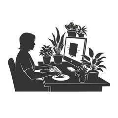 Fototapeta premium Silhouette of a person working on a computer with plants nearby