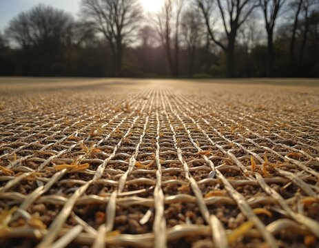 Woven mesh laid on soil promotes seed germination and prevents erosion. Beige matting provides ground stability for new plant growth in parkland.