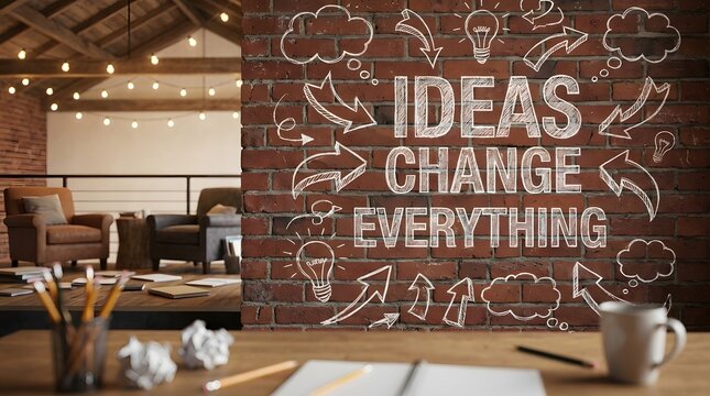 Brightly lit modern office space featuring a brick wall with hand-drawn inspirational quote about ideas and change, ideal for business and creativity concepts.