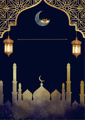 ramadhan kareem. islamic greetings ramadan kareem card design background with lanterns and crescent moon. vector illustration © Wiwit