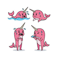 Sick cartoon narwhal with cold symptoms in various poses on white background © RokeyaStock