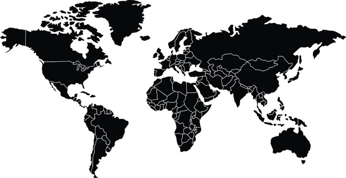 World map showing planet continents and nation borders in black and white silhouette