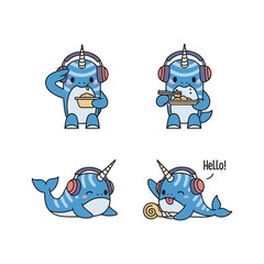 Cartoon narwhal listening to music with headphones in various poses © FAHMIDA