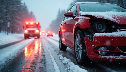 Naklejka premium Red car wrecked on icy road during snowstorm. Emergency ambulance arrives at winter car crash scene. Vehicles stopped on hazardous, slippery street with snow. Danger, caution, accident.
