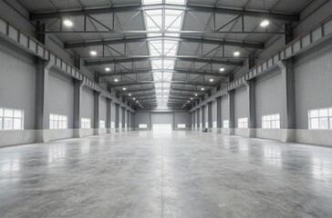 Naklejka premium Spacious Empty Warehouse Interior with Polished Concrete Floor and Natural Light for Commercial or Industrial Use