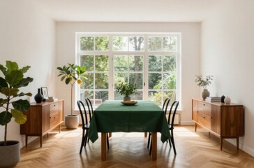 Fototapeta premium Bright Dining Room with Green Tablecloth, Hardwood Floors, Large Window, and Stylish Furnishings, Creating Inviting Atmosphere