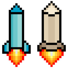 Rocket with 8 bit retro pixel art on white background.