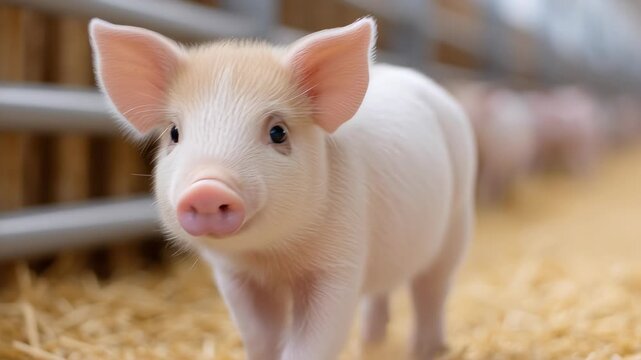 Pigs Walk Around the Barn and Explore the Farm in the Morning Sunlight With Curiosity and Energy