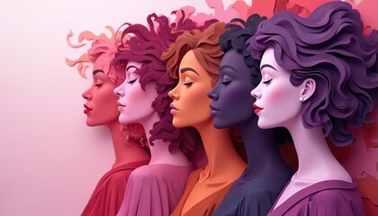Group of diverse women profiles in shades of pink purple orange. Paper cut art celebrates sisterhood unity female power and activism. Diverse women faces together.