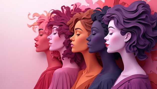 Group of diverse women profiles in shades of pink purple orange. Paper cut art celebrates sisterhood unity female power and activism. Diverse women faces together.