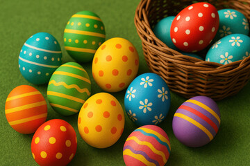 Fototapeta premium Colorful painted easter eggs with various patterns scattered on green surface beside wicker basket, festive spring holiday decoration concept 