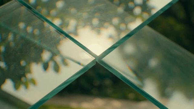 Abstract glass texture close-up, reflecting nature, light and shadow, outdoor.