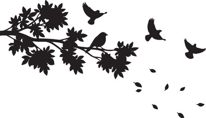 Obraz premium Black silhouette of a bird on a tree branch with flying birds and falling leaves
